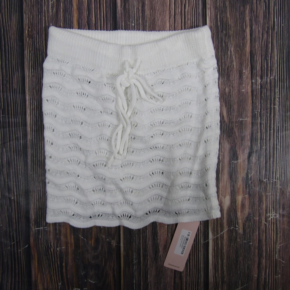 MICAS Skirt Womens Small White Open Knit Crochet Mini Drawstring Wavy Sheer Boho